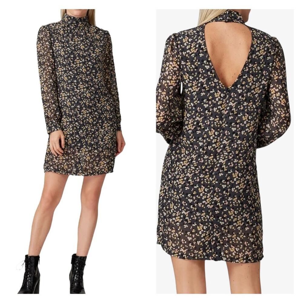 Kendall Kylie Ash Petal Chiffon Dress 12 14 Mock Neck Open Back Long Sleeve Mini